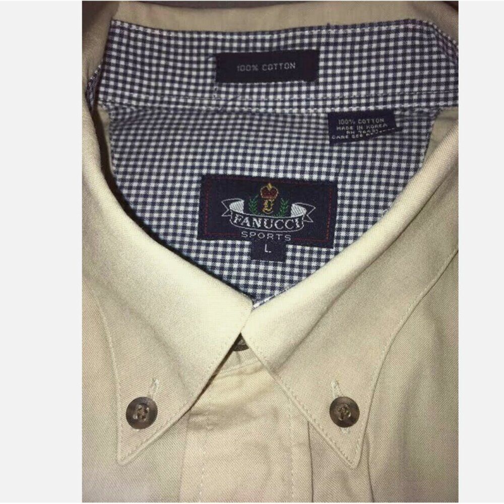 FANUCCI L 100% Cotton Khaki Beige Button Down Short Sleeve Camp Shirt Excellent